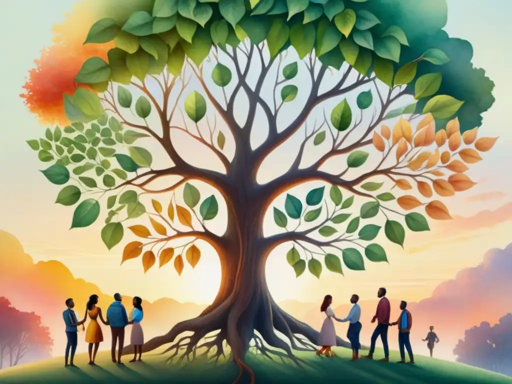 Una pintura acuarela detallada de personas diversas reunidas alrededor de un árbol, simbolizando la unidad en esfuerzos de revitalización lingüística