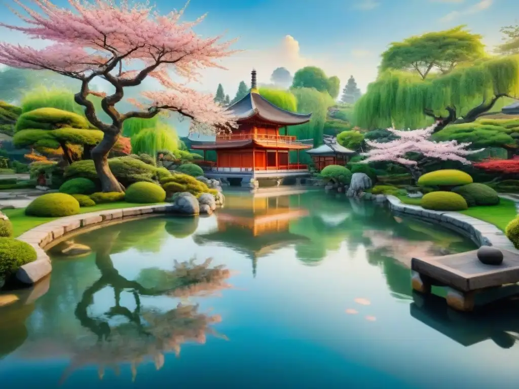 Una pintura acuarela detallada de un sereno jardín asiático con árboles de cerezo en flor, un estanque de koi tranquilo reflejando los colores vibrantes del cielo y una pagoda tradicional entre exuberante vegetación