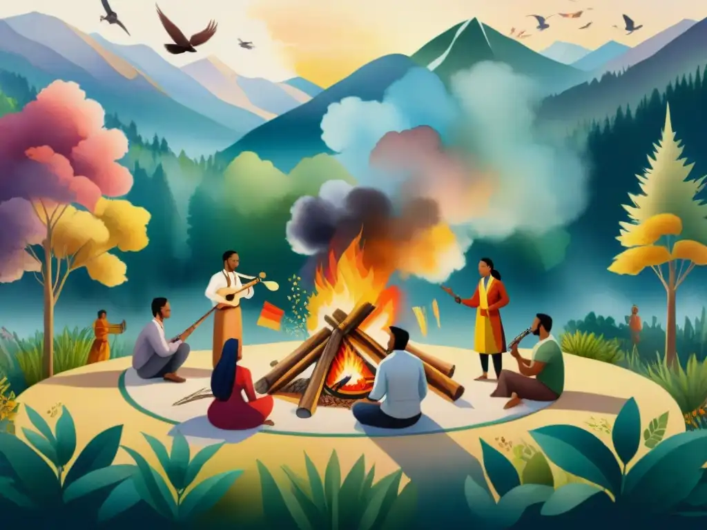 Una pintura acuarela muestra diversidad cultural alrededor de fogata vibrante en celebración global de riqueza lingüística y cultural mundial