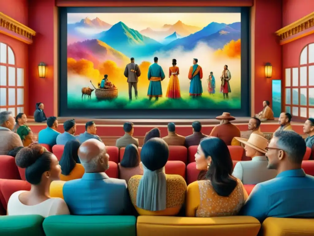 Una pintura acuarela detalla diversidad cultural en torno a una pantalla de cine vibrante, reflejando la conexión entre lenguas minoritarias y cine