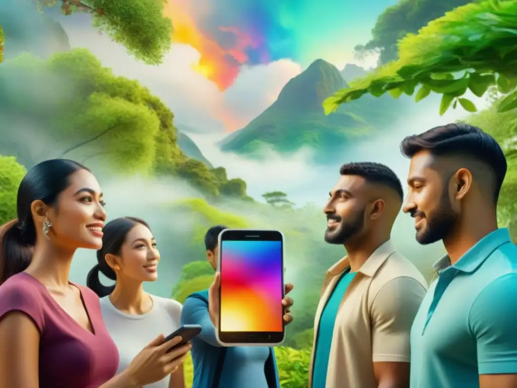 Descubre la fusión: tecnología y cultura revitalizan idiomas Una pintura acuarela detalla diversidad cultural en la revitalización lenguas tecnología móvil