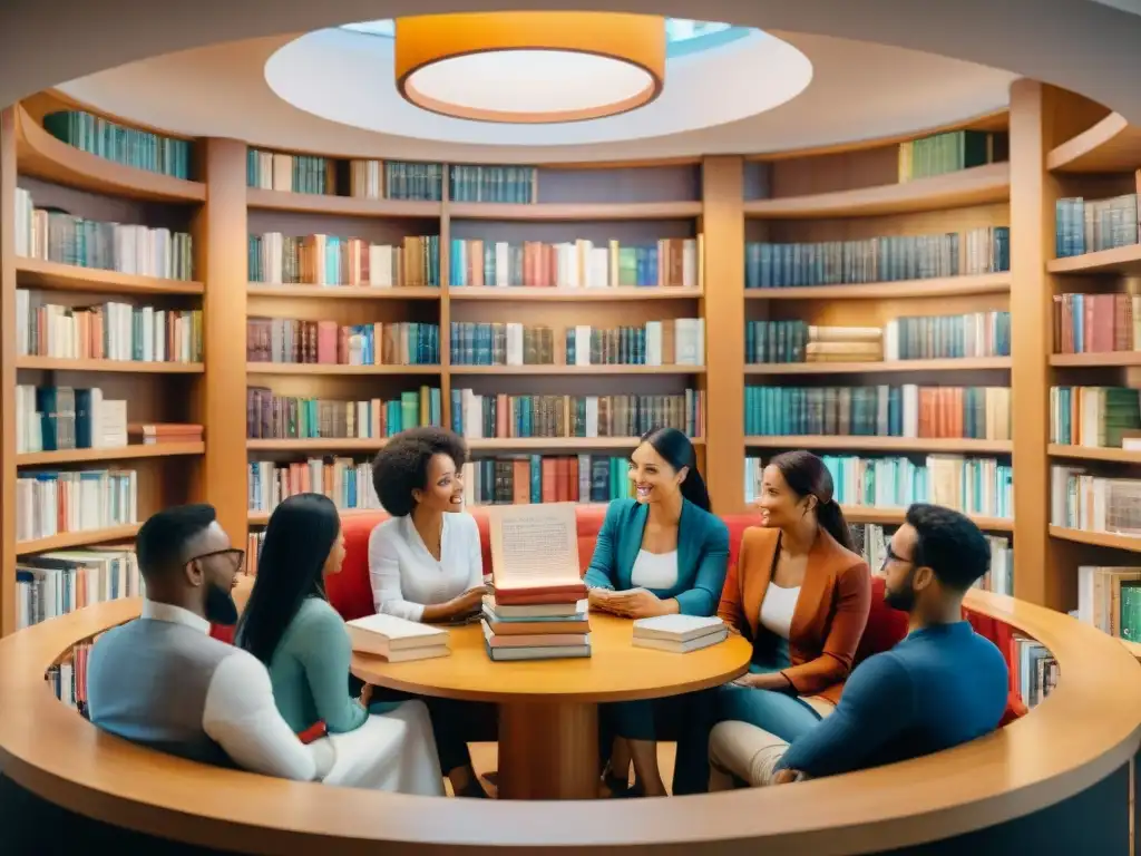 Una pintura acuarela detalla diversidad cultural en discusión alrededor de mesa llena de libros, transmitiendo la Importancia traducción literatura diplomacia cultural