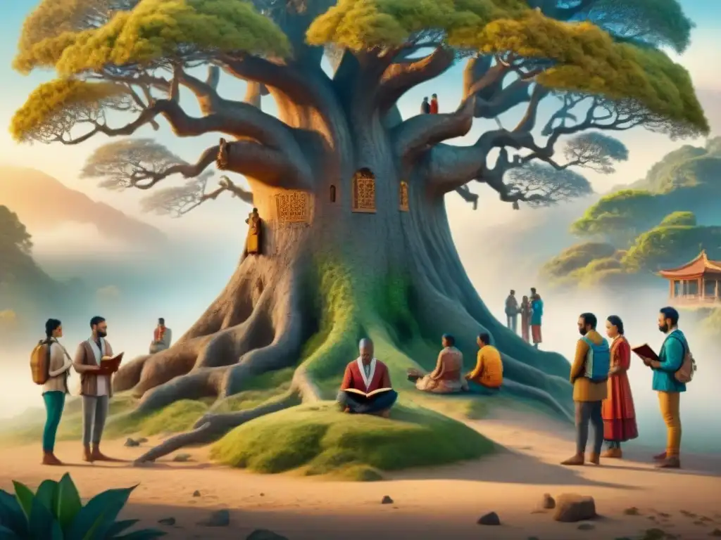 Una pintura acuarela detalla encuentros literarios en diversos idiomas alrededor de un árbol antiguo