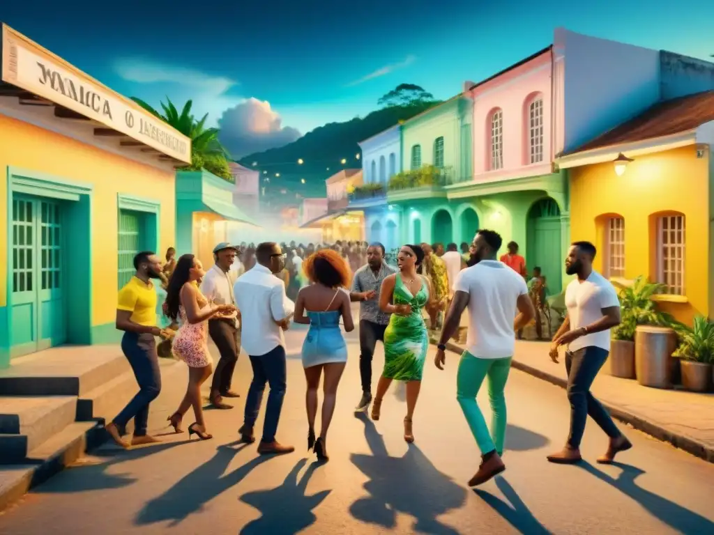 Una pintura acuarela detalla escena callejera en Jamaica, con baile a la luz de la luna, resistencia cultural en Jamaica reggae