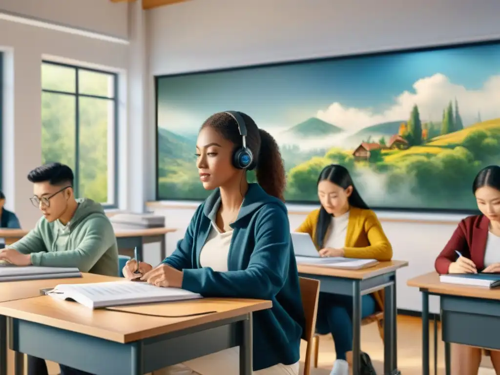 Pintura acuarela detalla examen idiomas en era digital, diversidad cultural y tecnología en aula serena