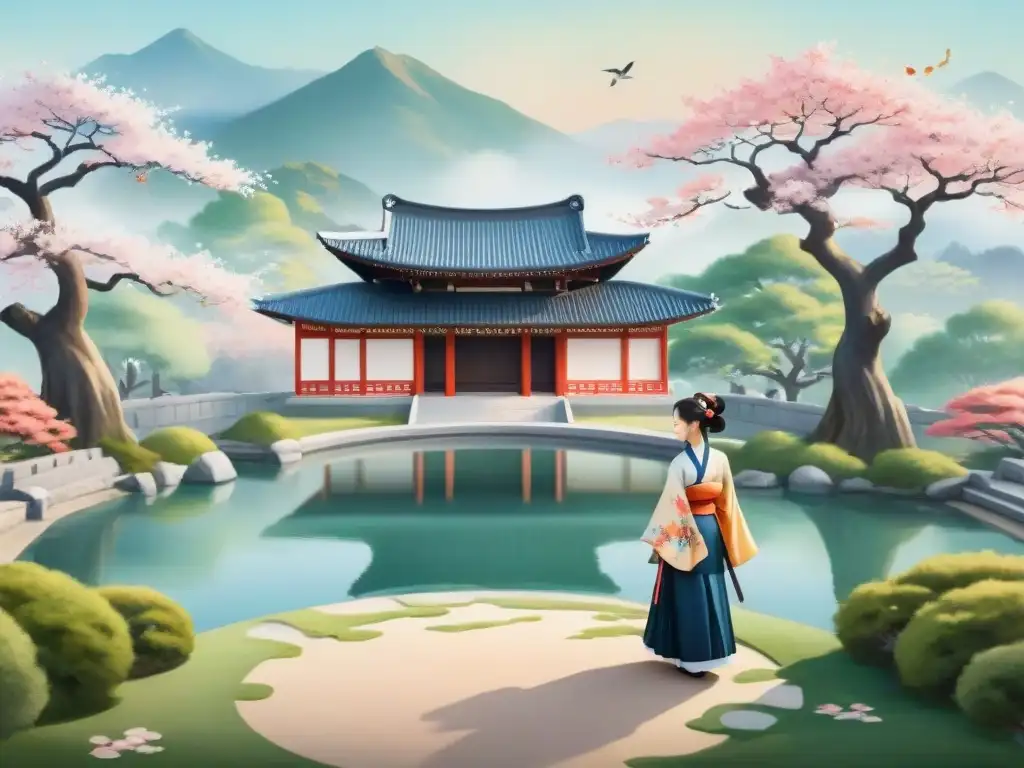 Pintura acuarela: figura coreana en hanbok practica caligrafía bajo cerezo japonés