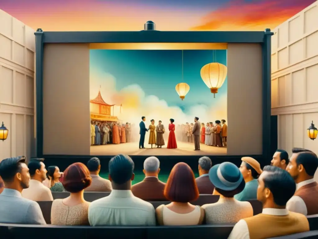 Una pintura acuarela detalla gente de diferentes culturas en un cine al aire libre, admirando una película antigua