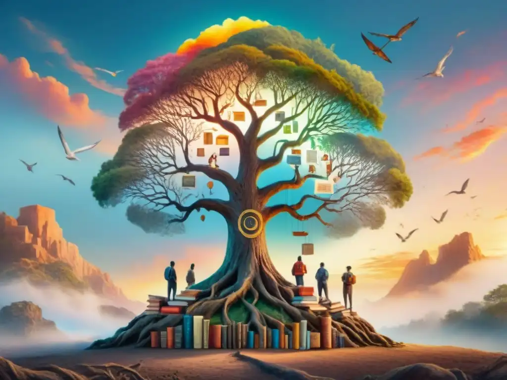 Pintura acuarela: grupo diverso de personas, libros en distintos idiomas, árbol ancestral, cielo vibrante