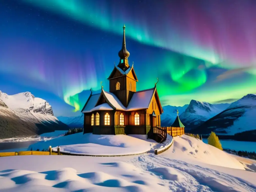 Pintura acuarela de iglesia noruega rodeada de montañas nevadas y auroras boreales