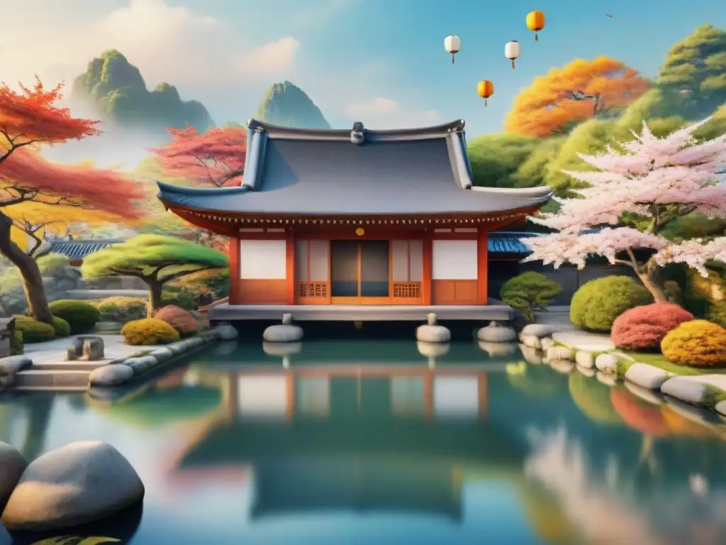 Una pintura acuarela impresionante de jardín japonés y casa coreana rodeados de hojas otoñales, reflejando la comparación gramatical japonés coreano