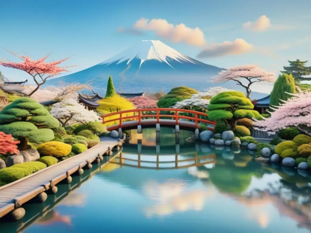 Una pintura acuarela impresionante de un sereno jardín japonés con árboles de cerezos en flor, un estanque de koi y el Monte Fuji al fondo