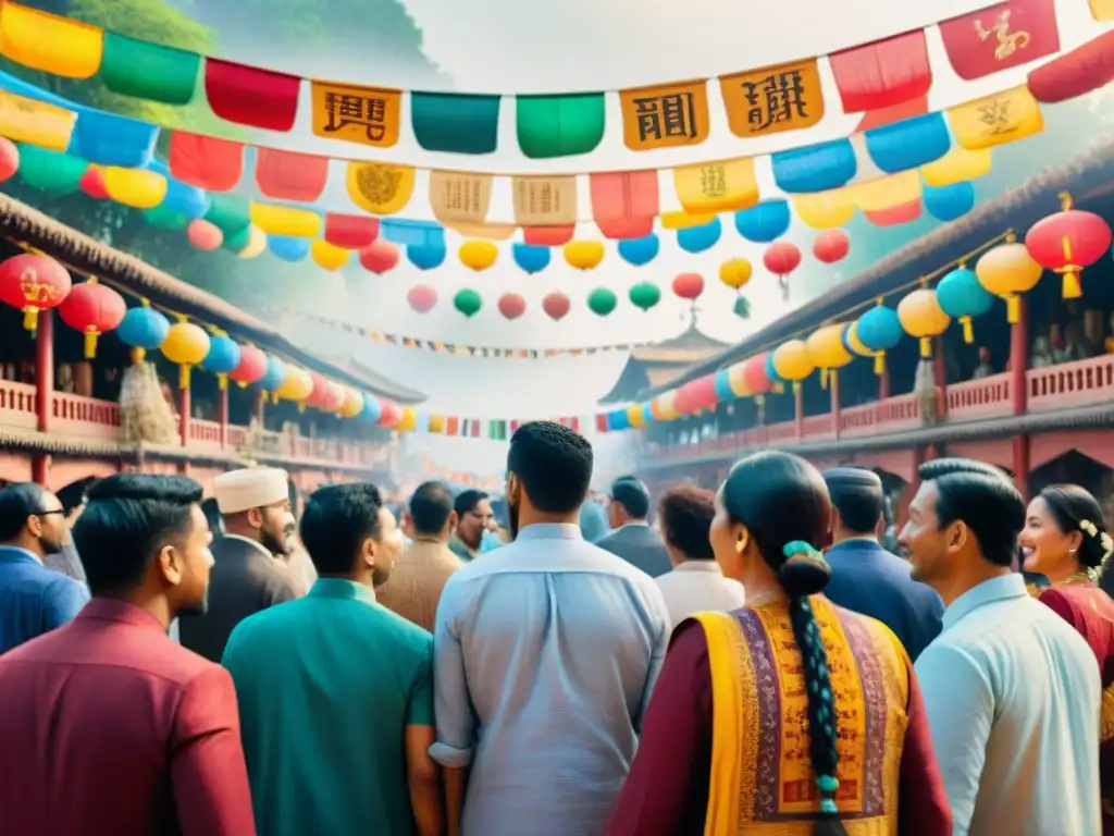 Una pintura acuarela intrincada celebra la diversidad lingüística y cultural en un mercado vibrante