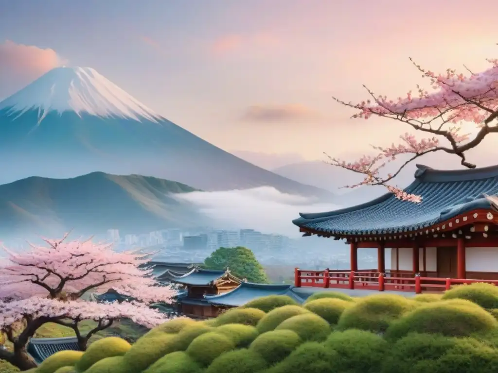 Pintura de acuarela intrincada con elementos japoneses y coreanos, casa hanok y cerezos en flor frente al Monte Fuji