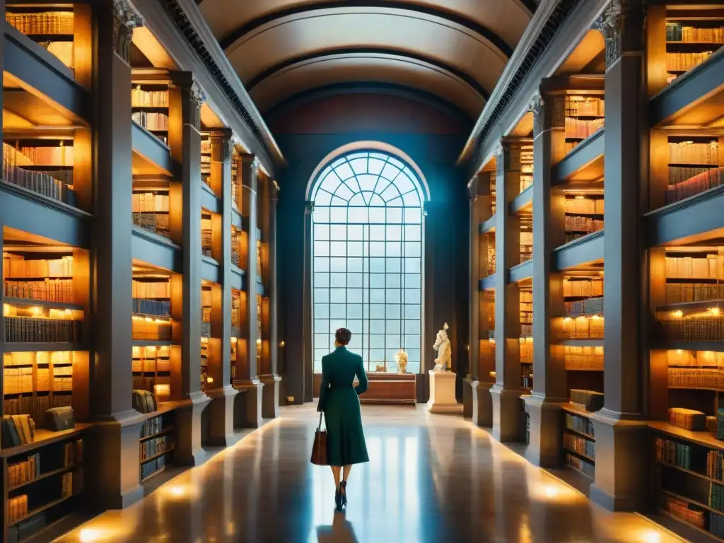 Una pintura de acuarela intrincada que muestra una gran biblioteca llena de textos antiguos en griego y latín, con rayos de sol filtrándose a través de vitrales, iluminando la caligrafía ornamental en las páginas