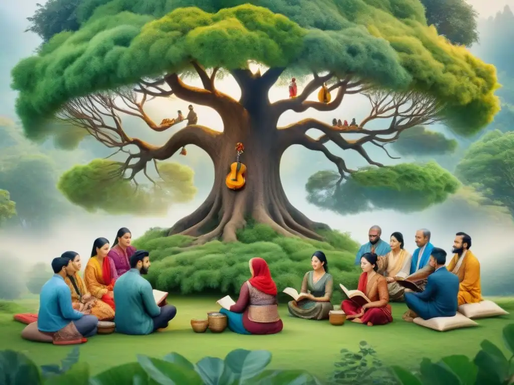 Una pintura de acuarela intrincada que representa a un grupo diverso de individuos de diferentes culturas y backgrounds, reunidos alrededor de un gran árbol que simboliza la unidad y el crecimiento