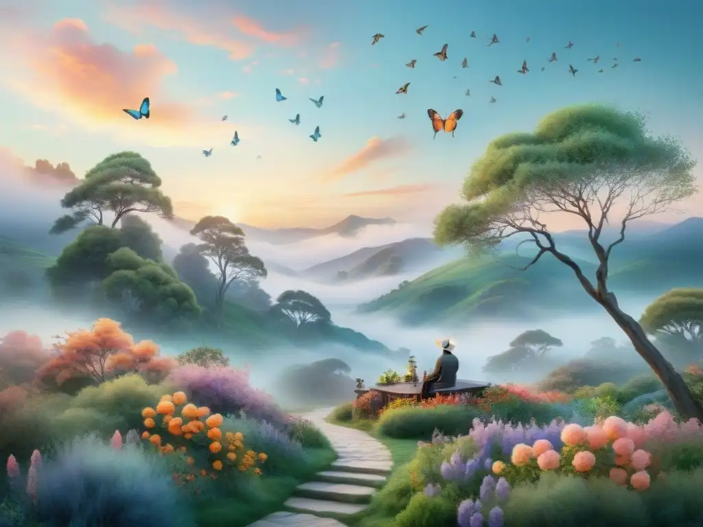 Una pintura acuarela intrincada que retrata un jardín sereno y místico inspirado en la poesía de Rumi