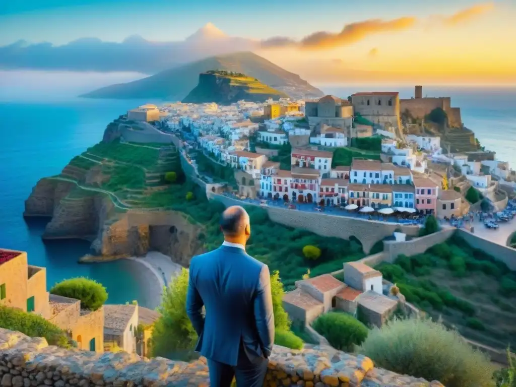 Una pintura acuarela intrincada de un pueblo siciliano tradicional, con edificios coloridos en una colina, calles empedradas llenas de lugareños hablando en dialecto siciliano, y el Mediterráneo brillando bajo un cielo de atardecer vibrante