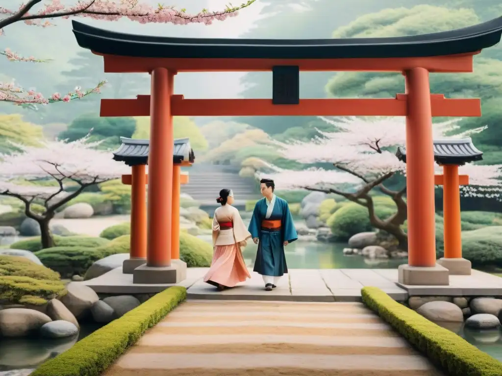 Una pintura acuarela detalla jardín japonés con sakuras, pareja habla bajo puente