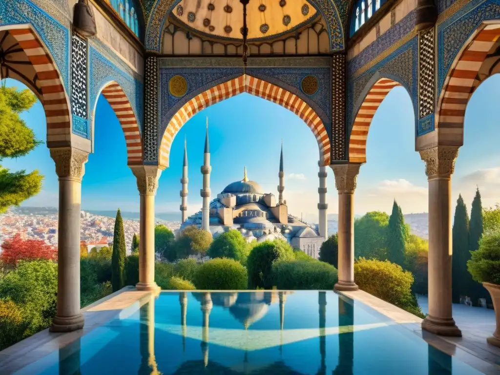 Una pintura acuarela de la icónica Mezquita Azul en Estambul, Turquía, resaltando su arquitectura y detalles bajo el cielo azul