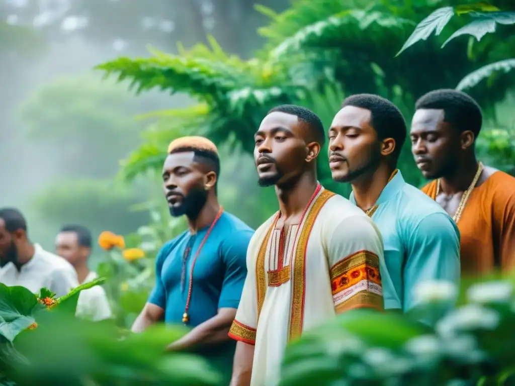 Pintura acuarela: músicos africanos cantando gospel en dialectos tradicionales, rodeados de naturaleza exuberante y coloridas flores