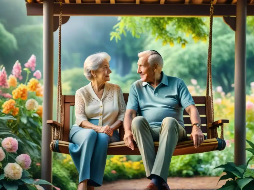 Una pintura acuarela de una pareja anciana y sus nietos escuchando con fascinación, rodeados de flores y verdor