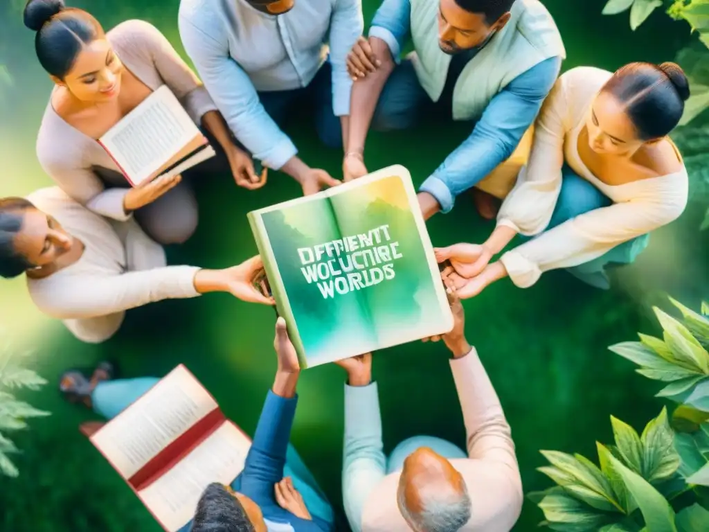 Pintura acuarela: personas diversas en círculo con libros en diferentes idiomas en parque, uniendo culturas con literatura