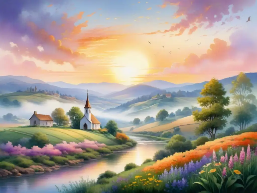 Pintura acuarela detalla puesta sol vibrante sobre paisaje rural