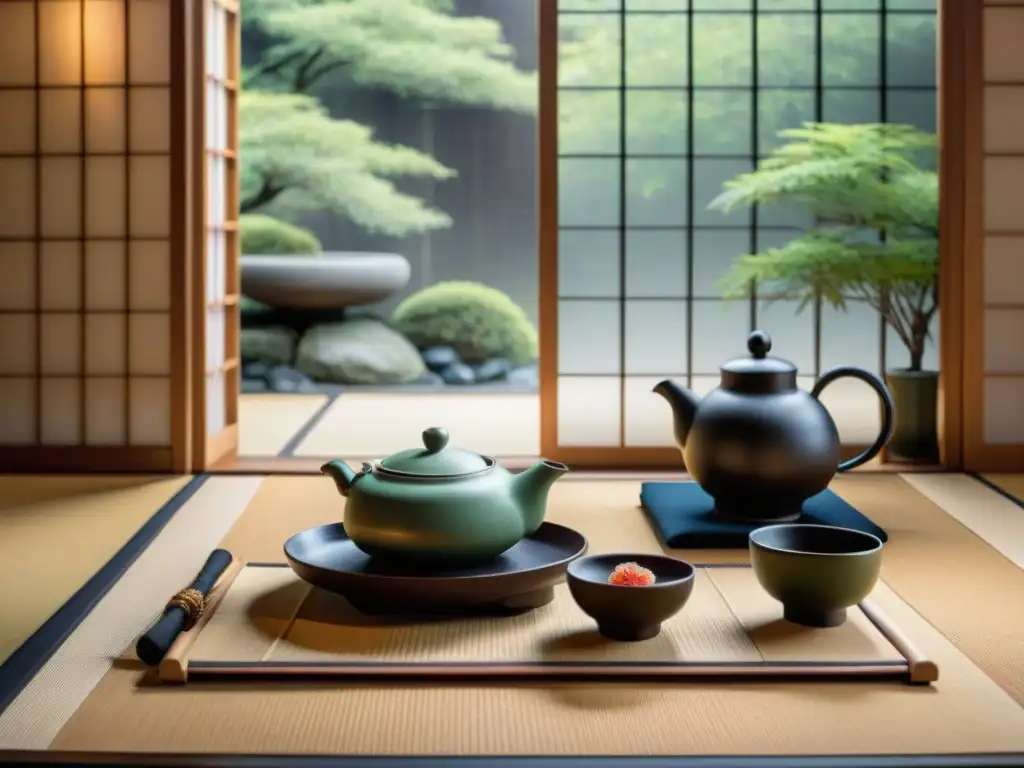 Una pintura acuarela serena de una ceremonia de té japonesa en una sala de tatami