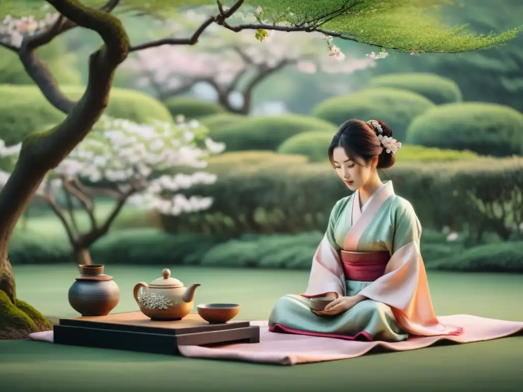 Una pintura en acuarela serena de una ceremonia del té japonesa, con detalles intrincados y una anfitriona con kimono, en un jardín tranquilo