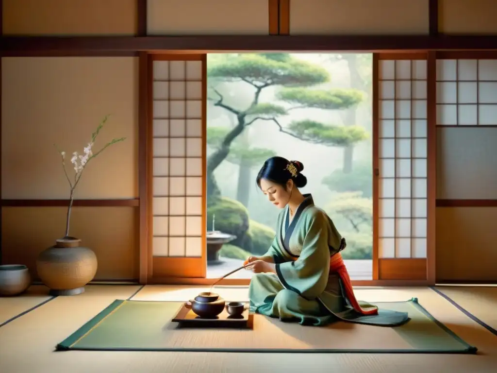 Ceremonia del té japonés: pintura acuarela serena Pintura acuarela de serena ceremonia del té japonesa, destaca la importancia del lenguaje en cultura japonesa