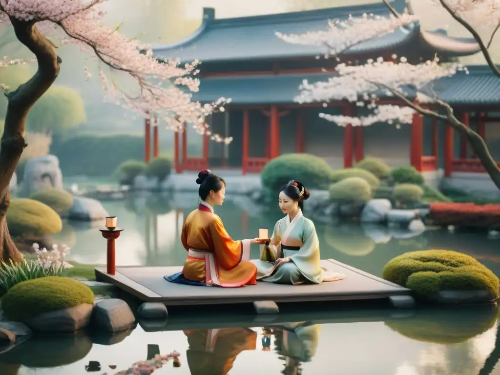 Una pintura acuarela serena de una ceremonia de té china tradicional en un jardín tranquilo