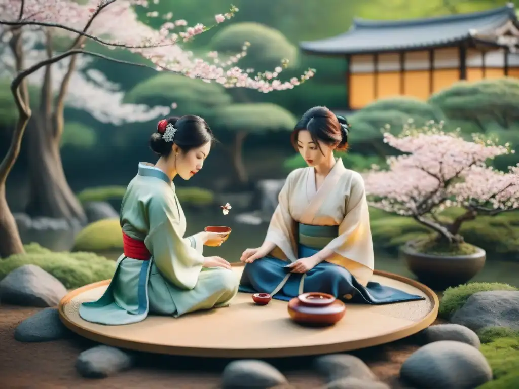 Una pintura acuarela serena de una ceremonia del té japonesa en un jardín tranquilo, con movimientos delicados y pétalos de cerezo cayendo