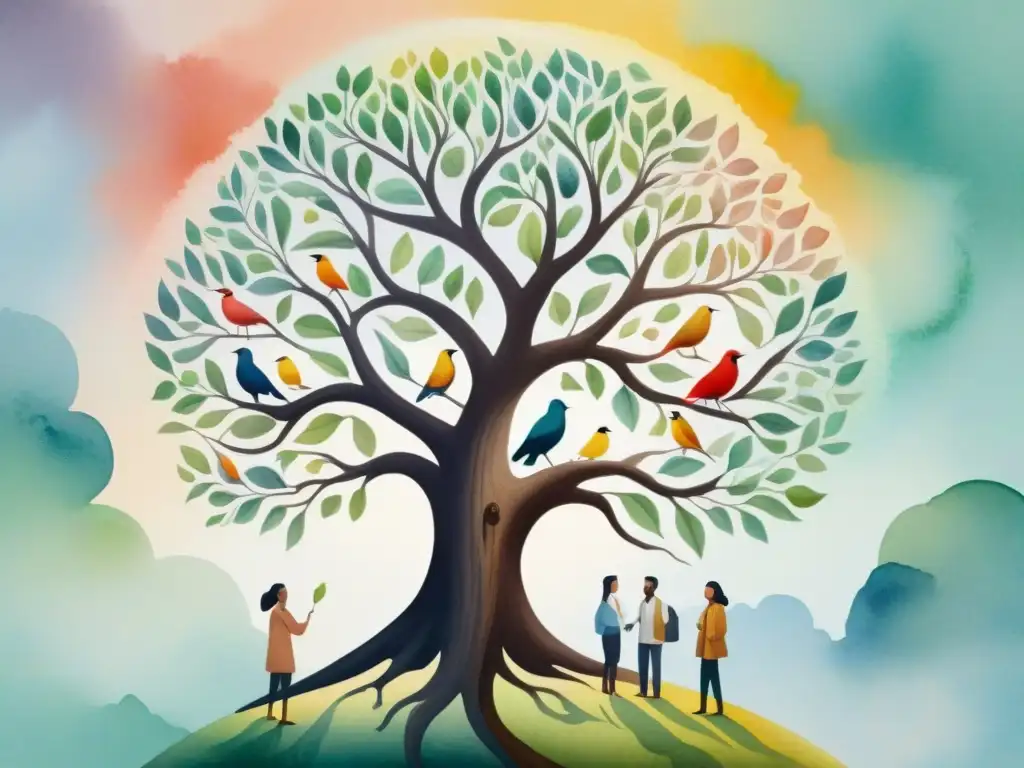 Una pintura acuarela serena de personas diversas dialogando bajo un árbol antiguo, simbolizando unidad y colaboración