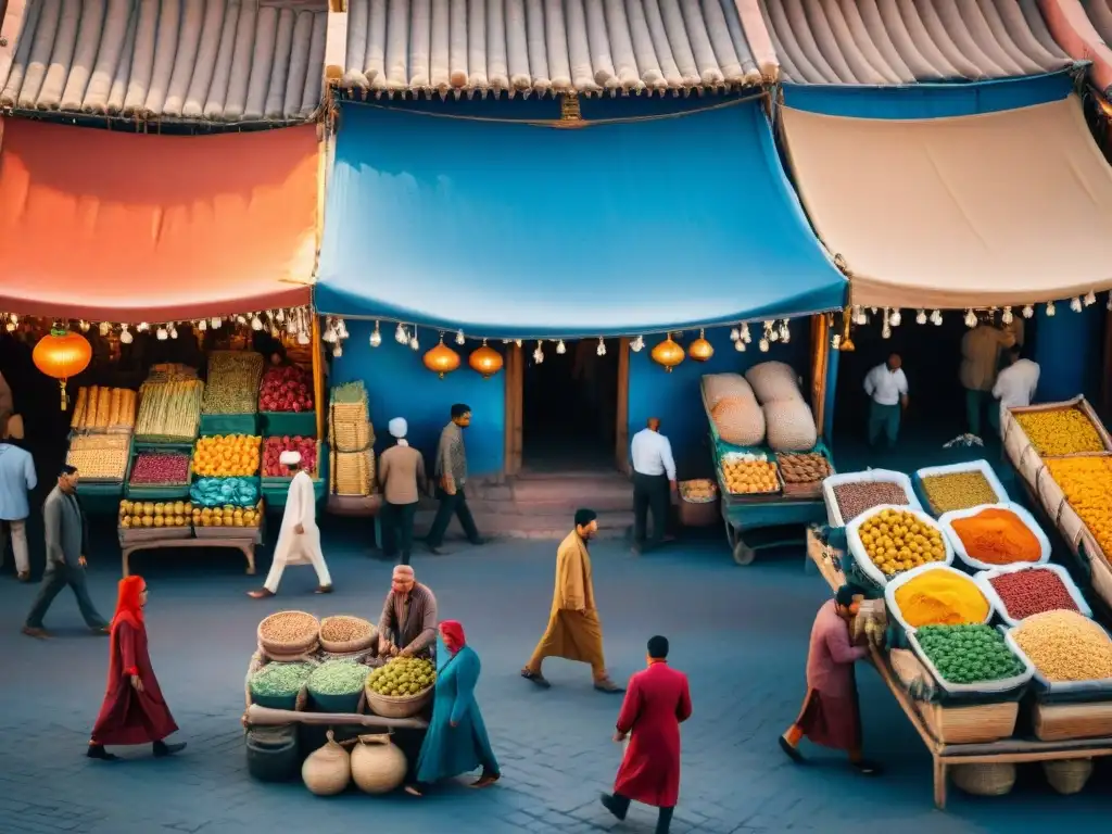 Pintura de acuarela vibrante de la bulliciosa plaza Jemaa elFnaa en Marrakech, Marruecos