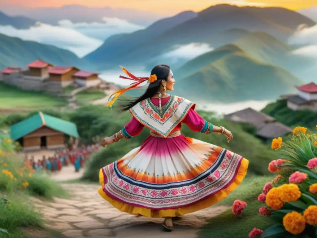 Celebración P'urhépecha: danza y colorido tradicional Una pintura acuarela detalla una vibrante celebración de la comunidad P'urhépecha