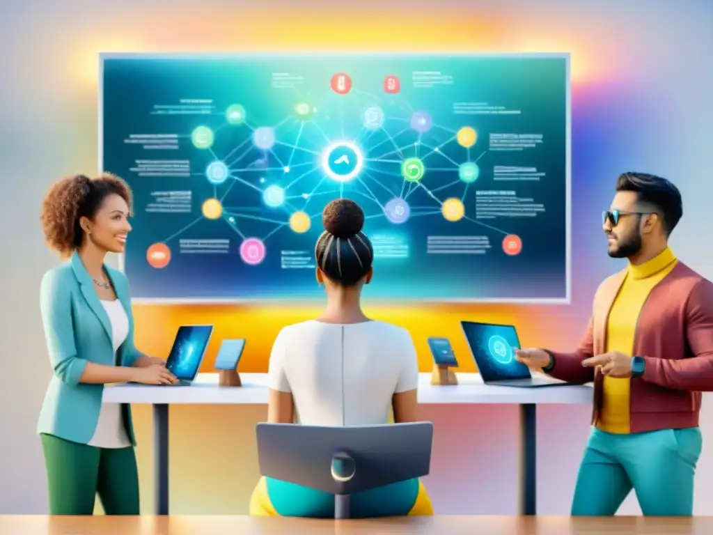 Una pintura acuarela vibrante y detallada, muestra a un grupo diverso colaborando en un proyecto digital futurista