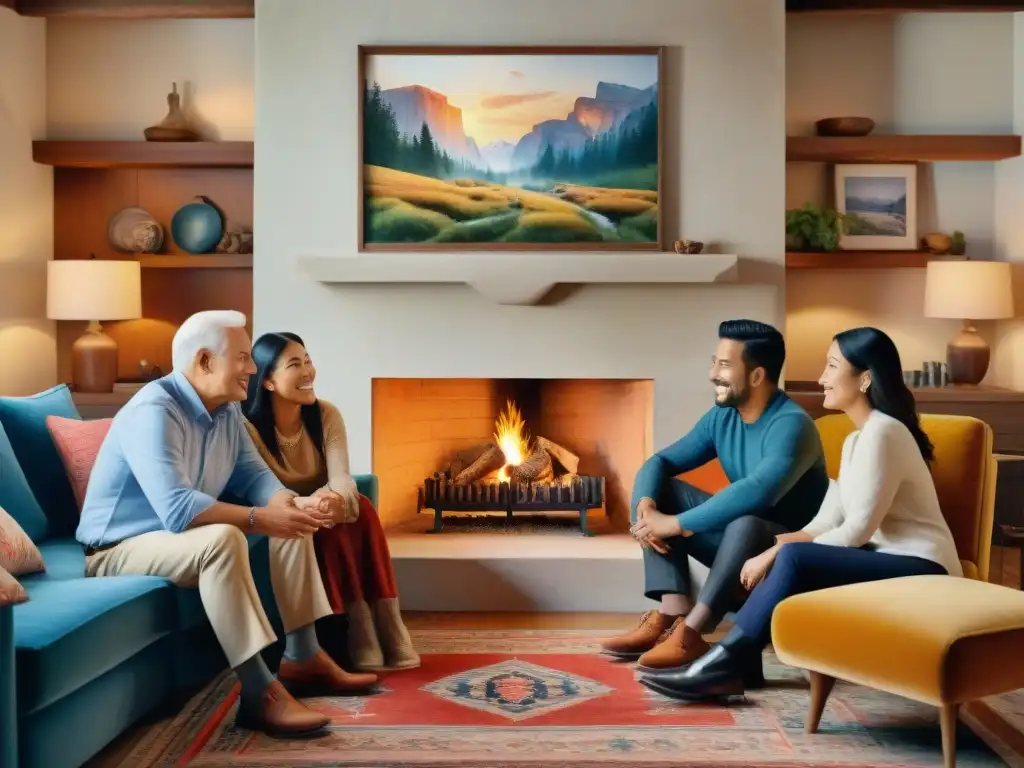 Una pintura acuarela vibrante que retrata a una familia multigeneracional alrededor de una acogedora chimenea, compartiendo historias