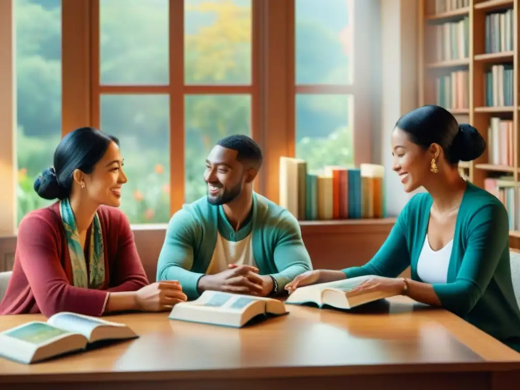 Una pintura acuarela vibrante que representa a un grupo diverso de personas de distintos orígenes culturales, debatiendo animadamente en una mesa decorada con libros multilingües y materiales de aprendizaje de idiomas