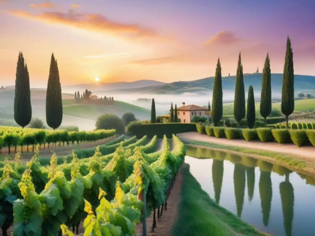 Una pintura en acuarela de un viñedo en la Toscana al atardecer