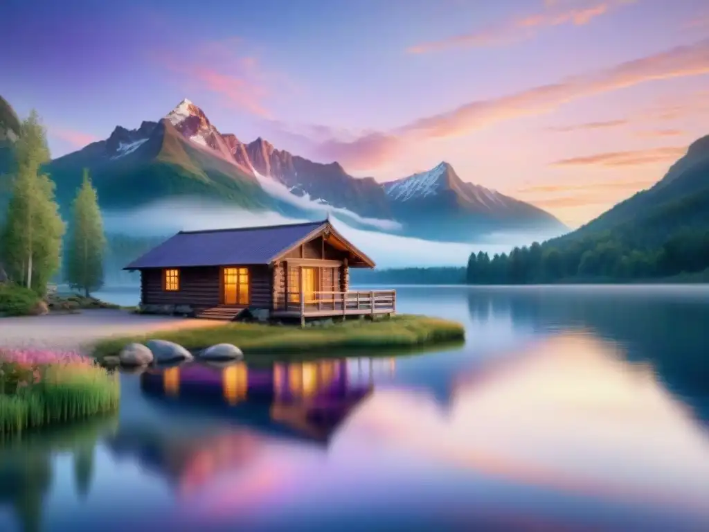 Pintura acuarela de un amanecer colorido sobre un lago tranquilo con montañas y cabaña