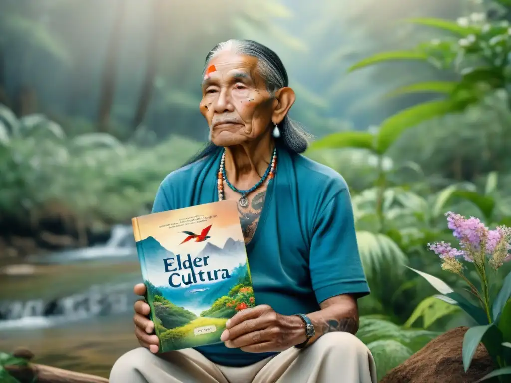 Retrato acuarela: Sabiduría indígena en la selva Pintura acuarela de anciano indígena con tatuajes tradicionales, rodeado de aves y flores, sosteniendo libro