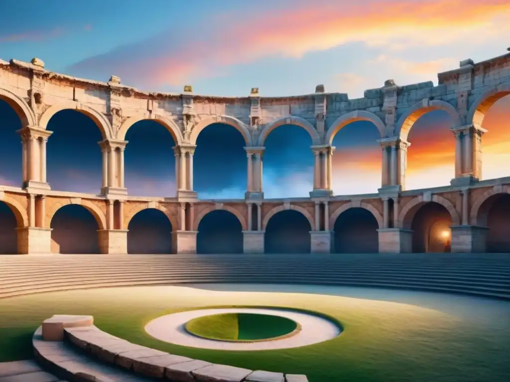 Pintura acuarela de un anfiteatro romano al atardecer, con destellos dorados sobre arcos de piedra