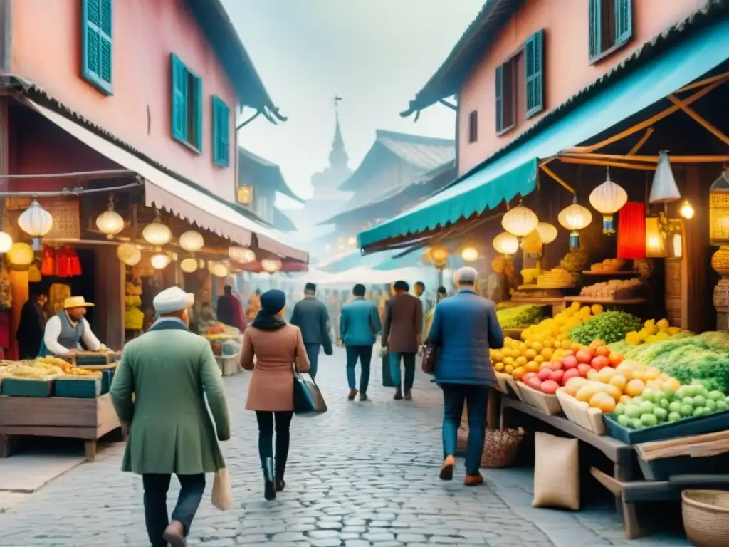 Pintura acuarela de un animado mercado en un pueblo, reflejando diversidad cultural y literatura dialectal