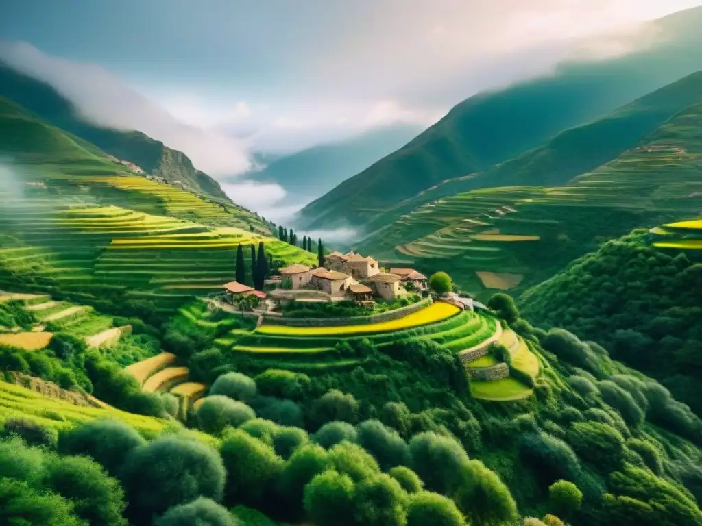 Pintura acuarela de un antiguo pueblo arameo en un valle verde con habitantes conversando en arameo