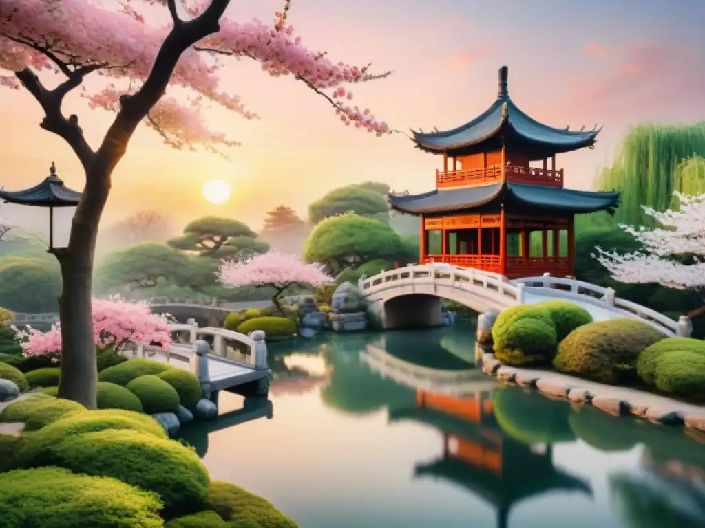 Pintura acuarela de un apacible jardín chino con cerezos en flor, puente arqueado y pagoda bajo un atardecer rosa y naranja