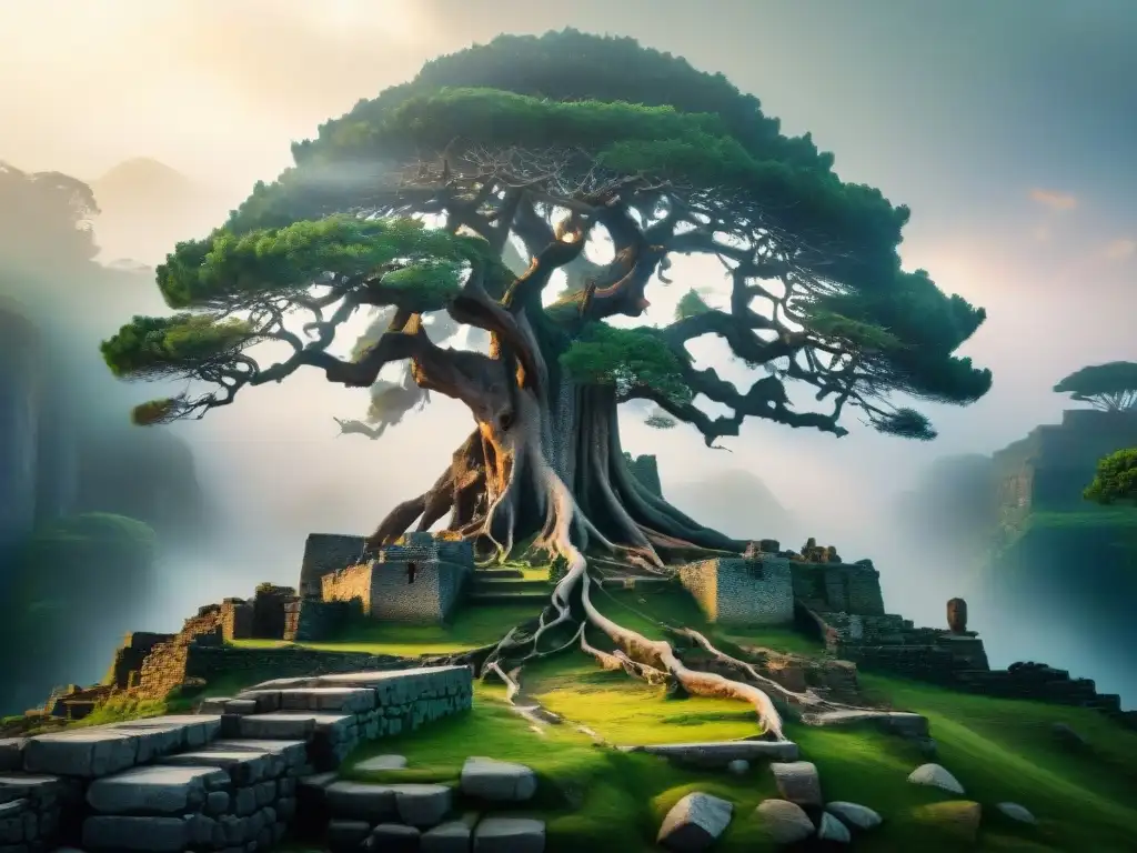 Pintura acuarela de árbol majestuoso con raíces en ruinas antiguas, simbolizando la evolución del significado de nombres propios cambio