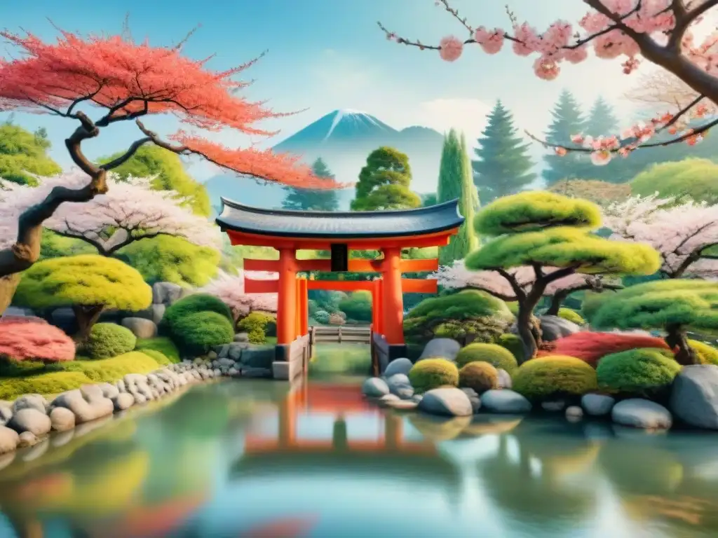 Pintura acuarela de un bello jardín japonés con cerezos en flor y un torii rojo, evocando influencia recíproca japonés-coreana