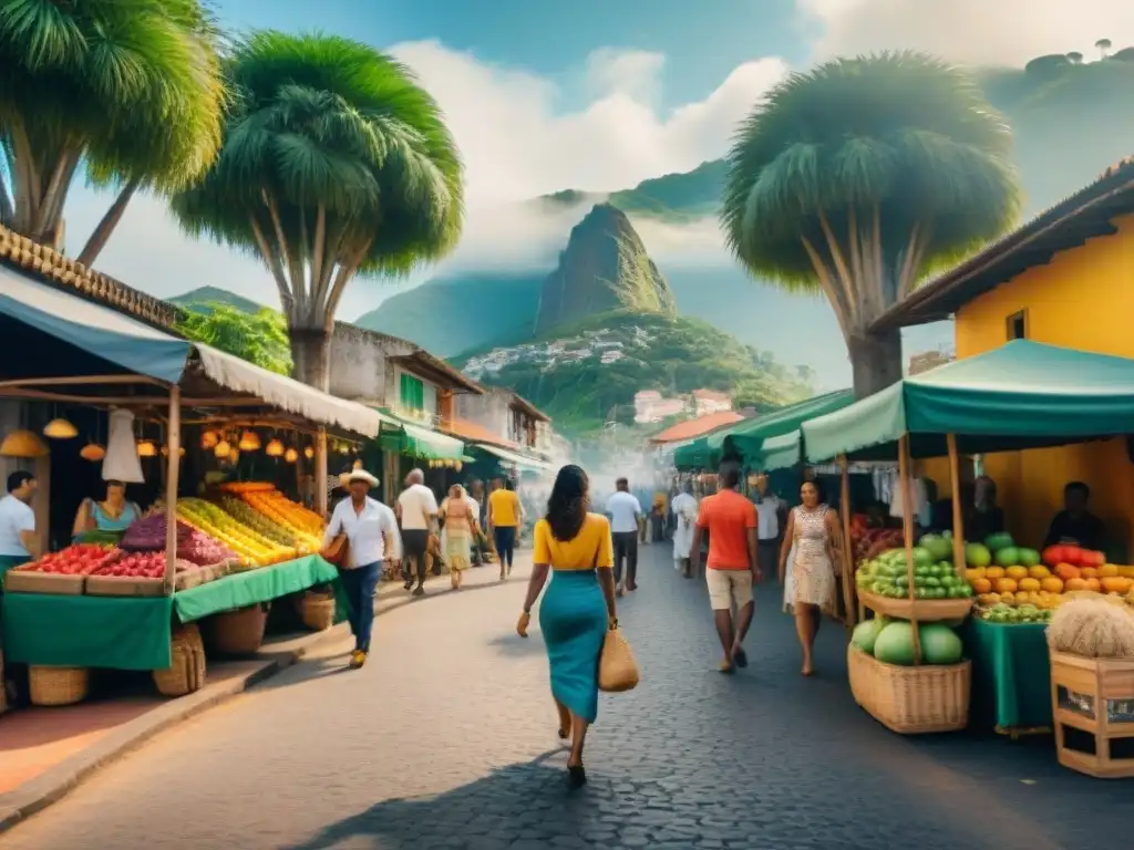 Pintura acuarela de una bulliciosa calle en Brasil, con diversidad del portugués brasileño