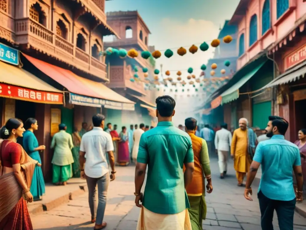 Pintura acuarela de una bulliciosa calle en la India, reflejando la diversidad cultural y lingüística