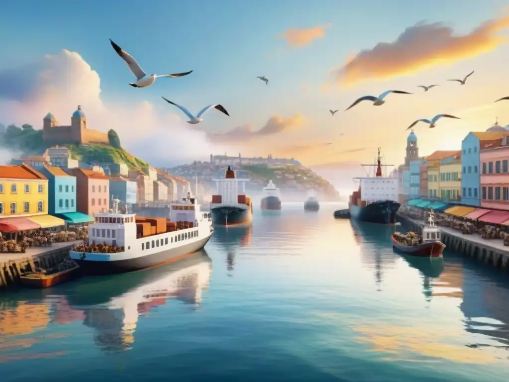 Pintura acuarela de una bulliciosa ciudad portuaria al atardecer, donde se crean nuevos dialectos